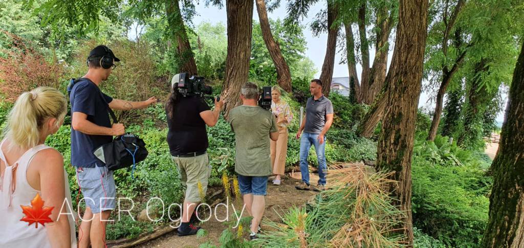 ekipa kamerzystów nagrywa pezenterów na tle orgodu